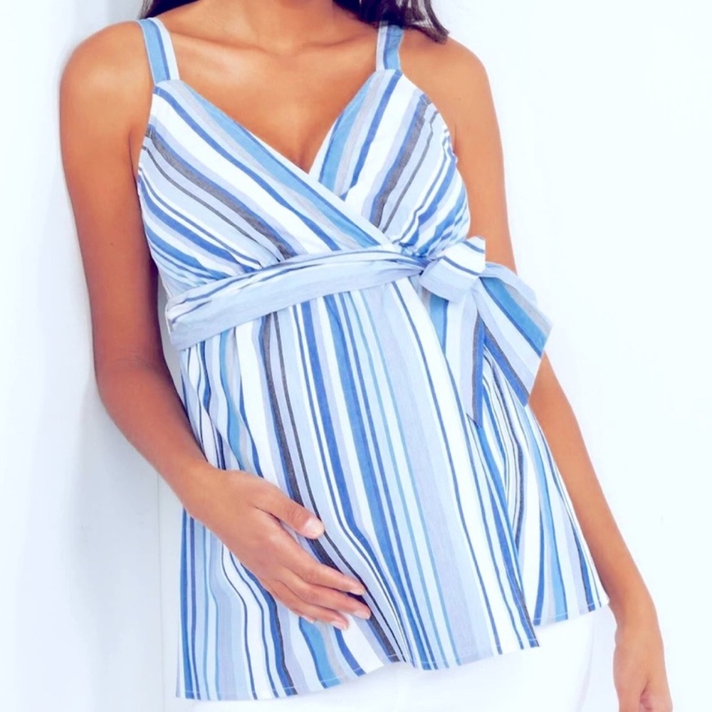 Motherhood Maternity Printed Smocked Back Maternity Tank Top in Blue Stripe